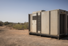 AI-generated image: A large, gray, rectangular generator unit is the main subject.