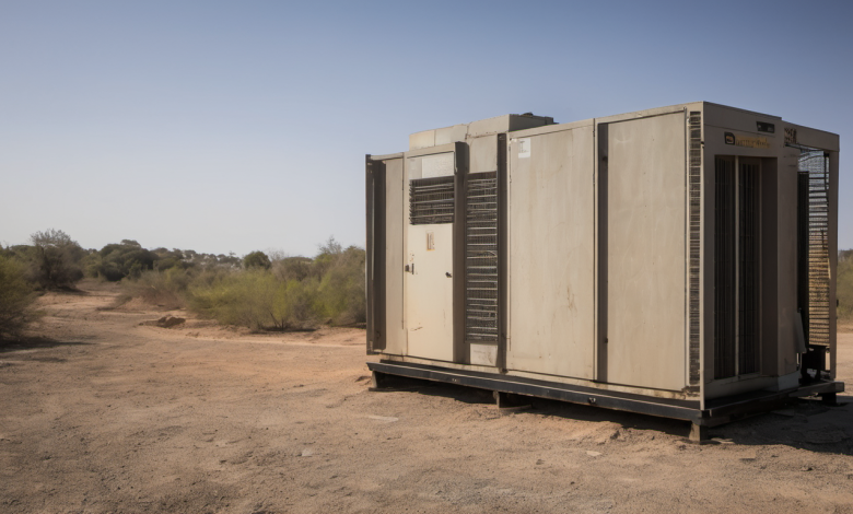 AI-generated image: A large, gray, rectangular generator unit is the main subject.