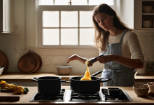 AI-generated image: A woman wearing a blue and white checked apron is standing in a kitchen.