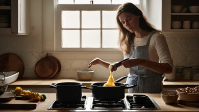 AI-generated image: A woman wearing a blue and white checked apron is standing in a kitchen.