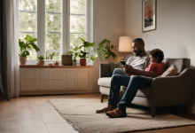 AI-generated image: A man and a child are sitting on a light grey sofa.