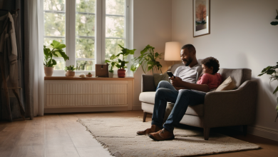 AI-generated image: A man and a child are sitting on a light grey sofa.