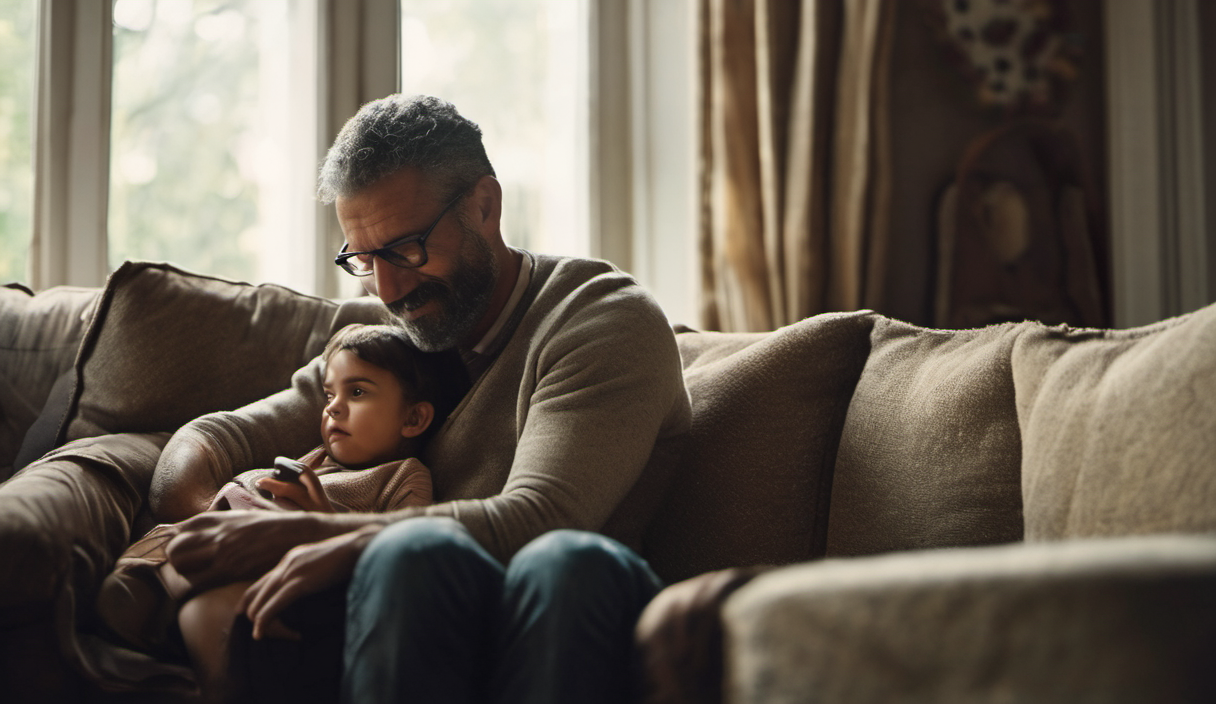 AI-generated image: A middle-aged man with gray hair and glasses is sitting on a sofa with a young child.