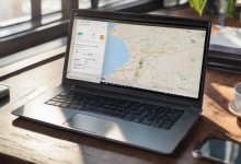 AI-generated image: A silver laptop is positioned on a wooden table.