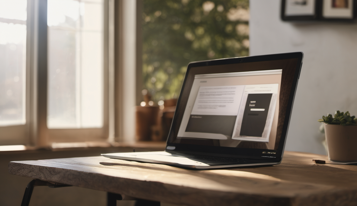 AI-generated image: A laptop is placed on a wooden table in front of a window.