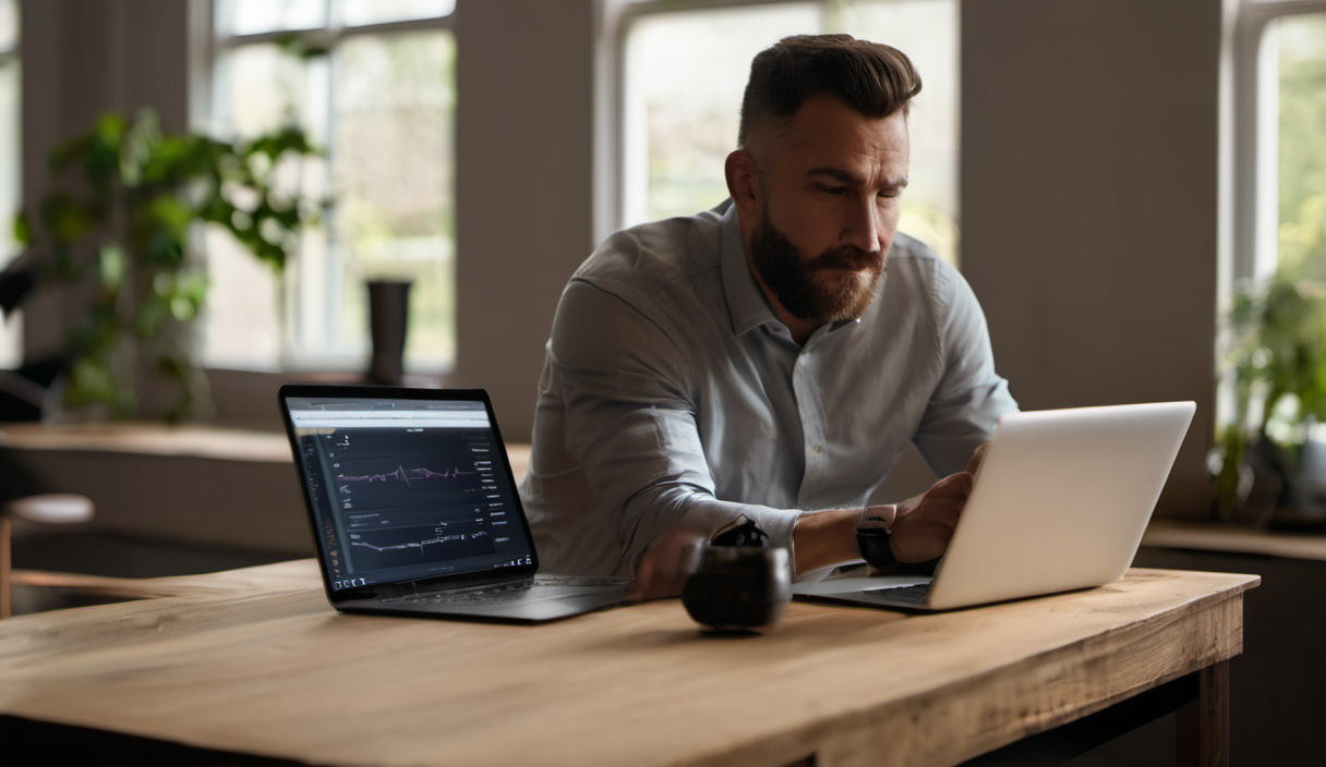 AI-generated image: A man with a beard and short hair is sitting at a wooden table.