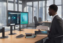 AI-generated image: A Black man is sitting at a wooden desk in an office.