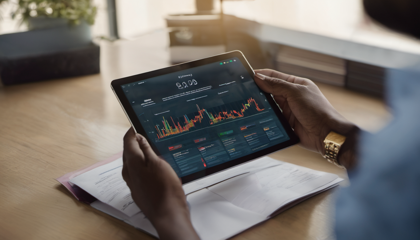 AI-generated image: A person with dark skin is holding a tablet displaying a graph with multiple lines and charts.