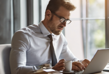 AI-generated image: A man is sitting at a desk, wearing a white shirt, a tie, and glasses.