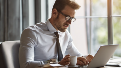 AI-generated image: A man is sitting at a desk, wearing a white shirt, a tie, and glasses.