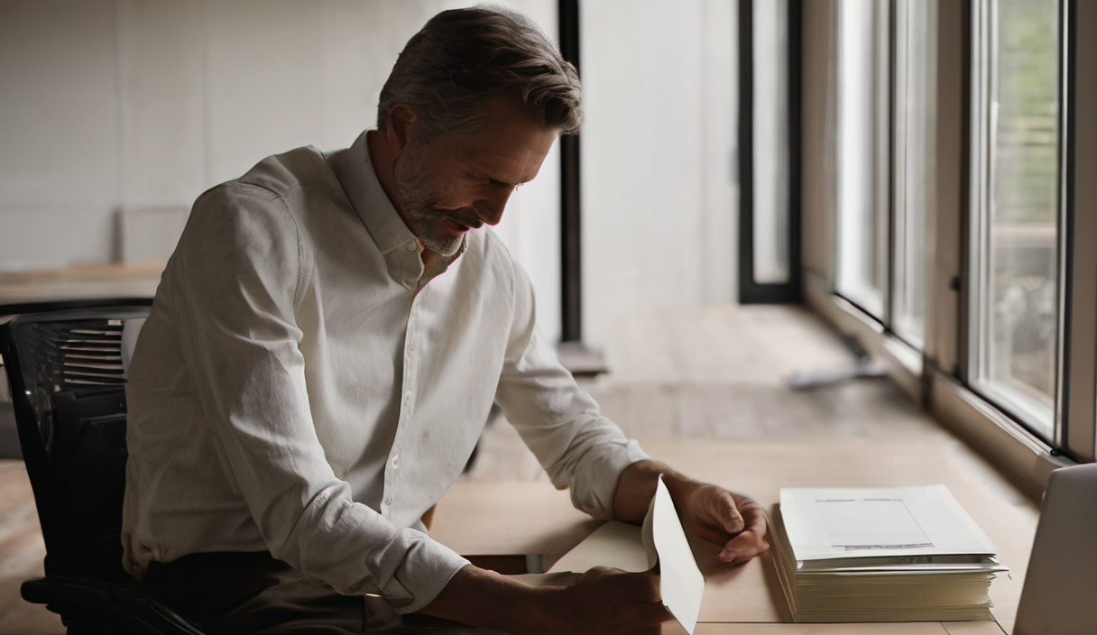 AI-generated image: A middle-aged man with gray hair and a beard is sitting at a desk.