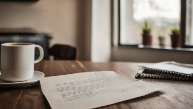 AI-generated image: A wooden table with a mug of coffee and a saucer, a stack of papers, a pen, and a notebook.