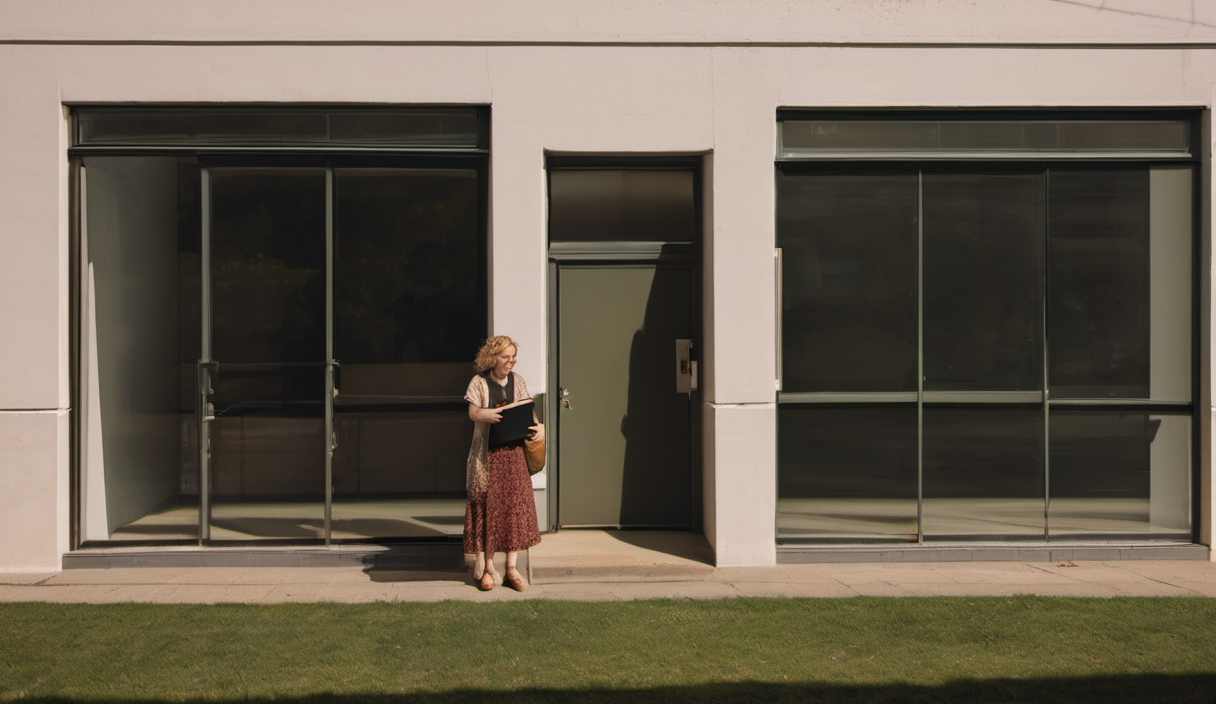AI-generated image: A woman with reddish-brown hair is standing outdoors in front of a light-colored building.