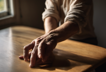 AI-generated image: The image shows a person's hands resting on a wooden table.