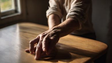 AI-generated image: The image shows a person's hands resting on a wooden table.