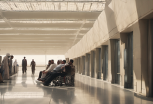AI-generated image: The image shows a long, bright corridor in what appears to be an airport terminal.