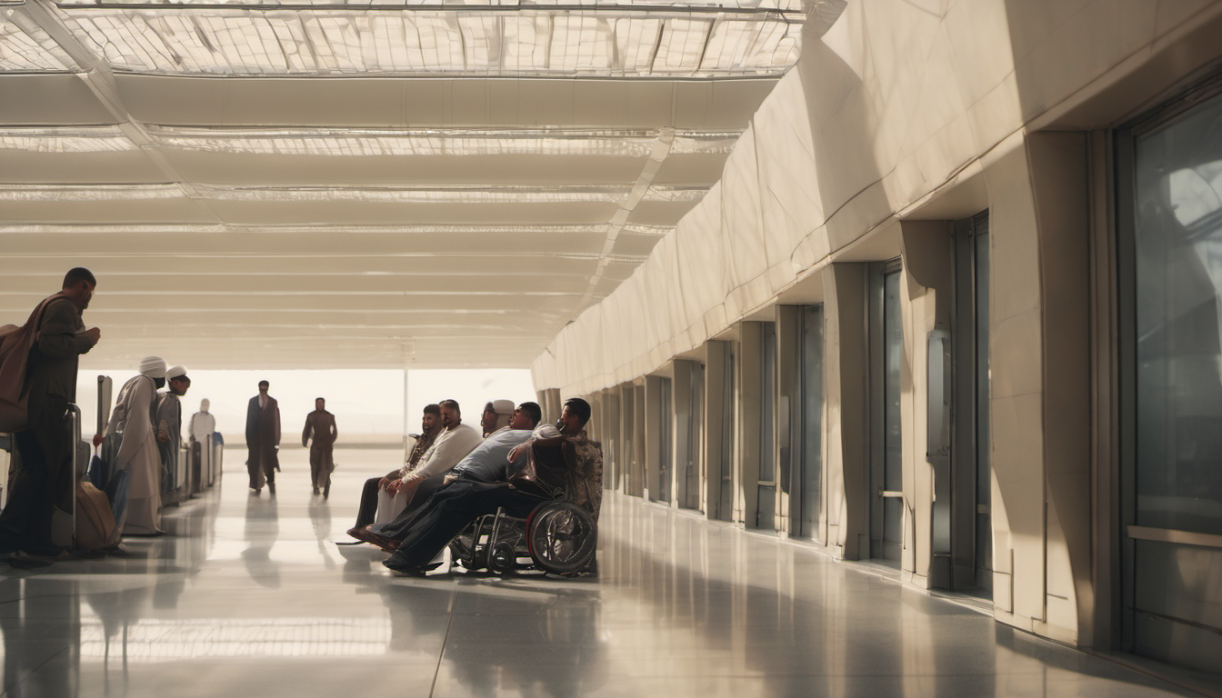 AI-generated image: The image shows a long, bright corridor in what appears to be an airport terminal.