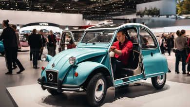 AI-generated image: The main foreground subject is a light blue Citroen 2CV car.