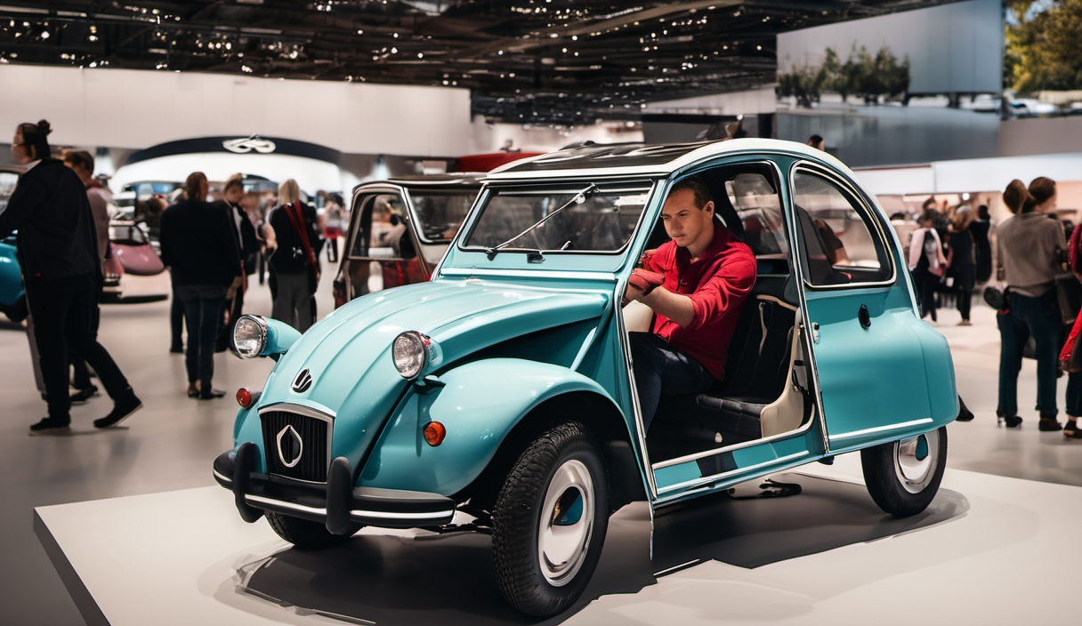 AI-generated image: The main foreground subject is a light blue Citroen 2CV car.