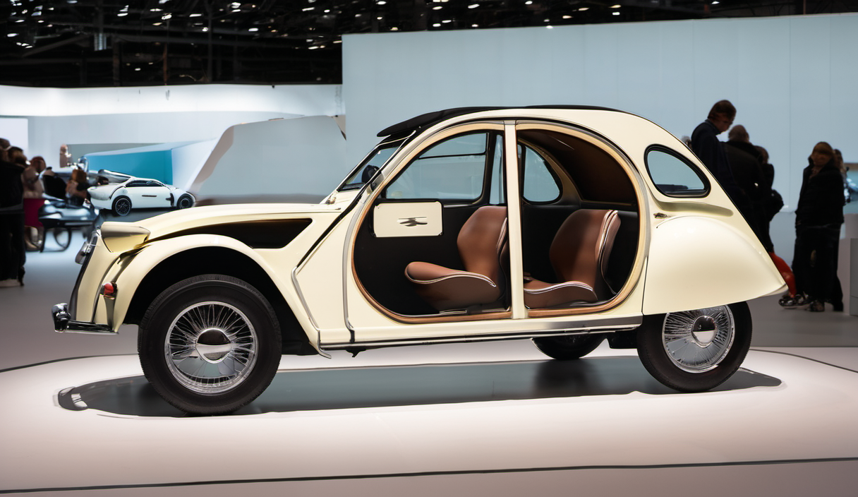 AI-generated image: The image shows a light-colored, vintage car, likely a Citroën, positioned on a gray platform.