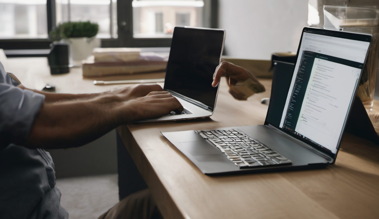 AI-generated image: Two laptops are placed side-by-side on a light-colored wooden table.