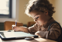 AI-generated image: A young child is sitting at a table, holding a pencil and writing on a tablet.
