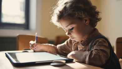 AI-generated image: A young child is sitting at a table, holding a pencil and writing on a tablet.