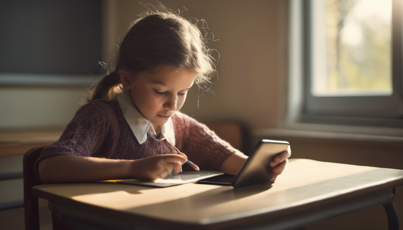 AI-generated image: A young girl with brown hair pulled back into a ponytail is sitting at a wooden school desk.