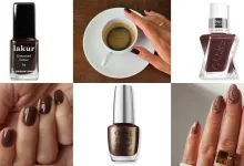 Dark espresso brown nails, a little coffee cup moment, glossy chocolate mani and swirly brown nail art with gold rings, all the fall nail…