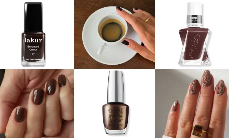 Dark espresso brown nails, a little coffee cup moment, glossy chocolate mani and swirly brown nail art with gold rings, all the fall nail…