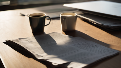 AI-generated image: A wooden table with two gray mugs of coffee and several open documents.