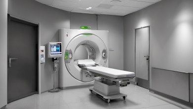 AI-generated image: A medical imaging scanner, specifically a CT scanner, is the main foreground subject.
