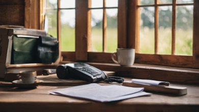 AI-generated image: A wooden desk with a black telephone, a fax machine, a cup of coffee and a saucer, and a stack of papers are visible.