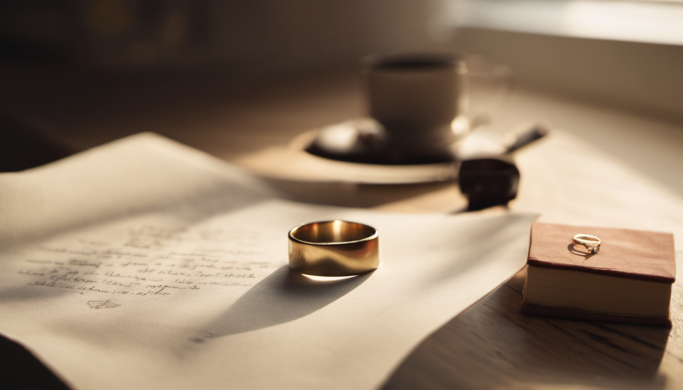 AI-generated image: A close-up photograph shows a wooden table with a sheet of paper covered in handwritten text and a gold ring lying on it.