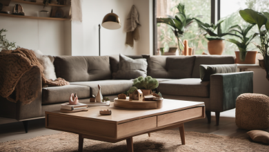 AI-generated image: A living room interior featuring a gray sectional sofa with multiple cushions, a wooden coffee table with a drawer, a woven rug, a woven pouf, a wooden shelf with decorative items,.