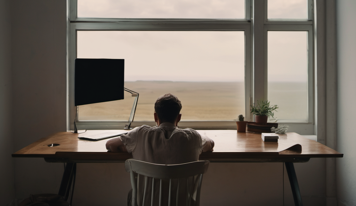 AI-generated image: A man is seated at a wooden desk in a room with a large window.