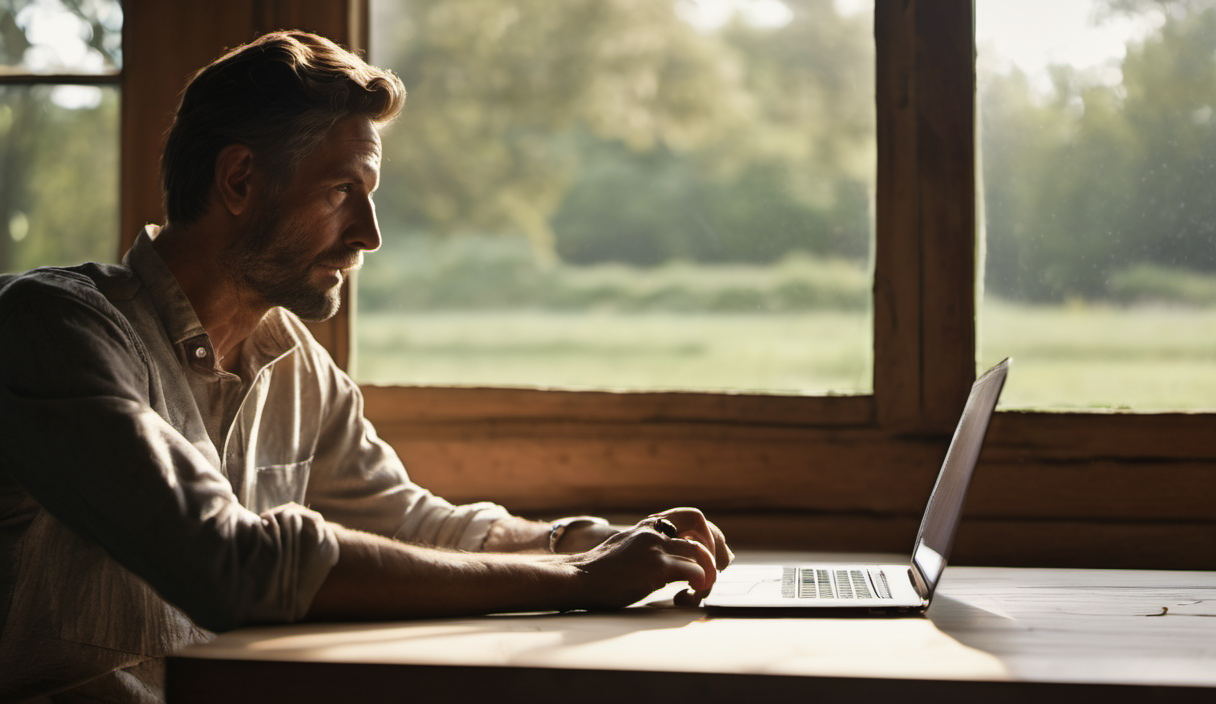 AI-generated image: A man with short, wavy brown hair and a beard is sitting at a wooden table.