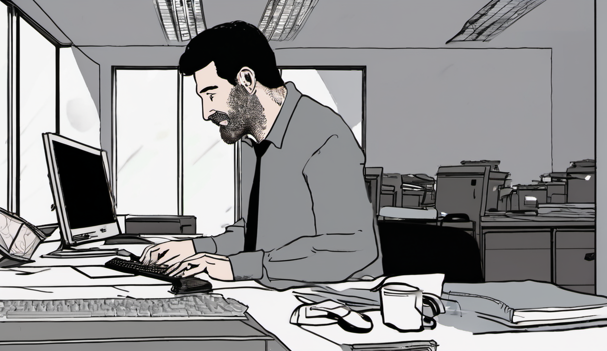 AI-generated image: A man with a beard is sitting at a desk and typing on a computer keyboard.