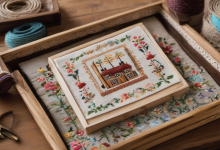 AI-generated image: A close-up photograph shows a wooden tray with a partially completed cross-stitch artwork.