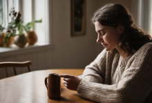 AI-generated image: A young woman is sitting at a wooden table.