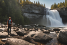 AI-generated image: A man stands in a rocky riverbed, wearing a red shirt, blue backpack, and jeans.