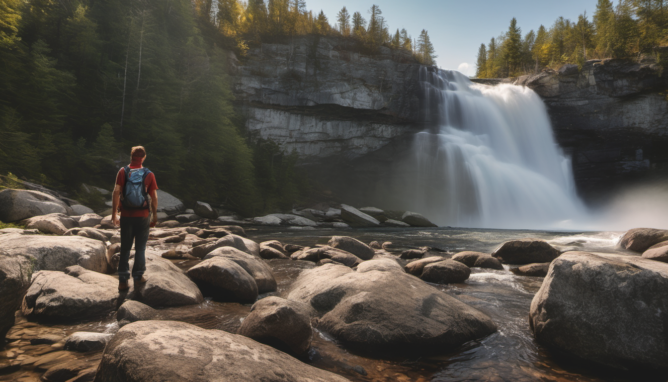 AI-generated image: A man stands in a rocky riverbed, wearing a red shirt, blue backpack, and jeans.