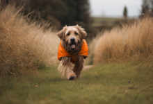 AI-generated image: A medium-sized dog with a shaggy, reddish-brown coat is running towards the viewer across a grassy field.