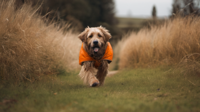 AI-generated image: A medium-sized dog with a shaggy, reddish-brown coat is running towards the viewer across a grassy field.