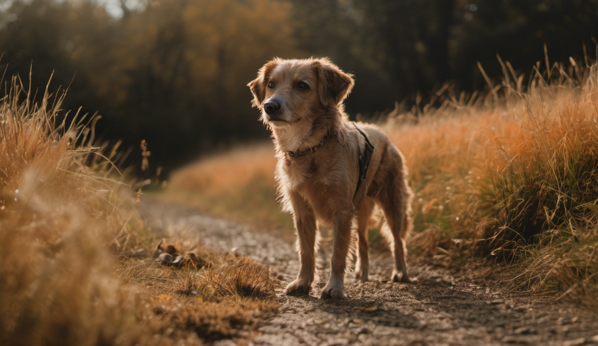 AI-generated image: A medium-sized dog with a brown and tan coat is standing on a dirt path.