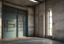 AI-generated image: The image shows a concrete room with a large, teal-colored metal door in the foreground.