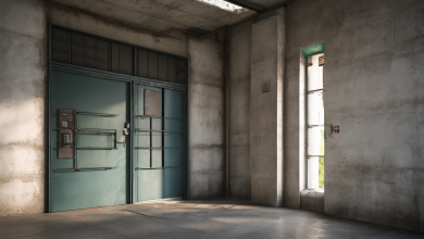 AI-generated image: The image shows a concrete room with a large, teal-colored metal door in the foreground.