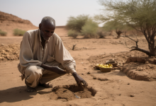 AI-generated image: A middle-aged man is kneeling on a sandy ground, making a small hole with his hand.