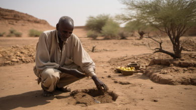 AI-generated image: A middle-aged man is kneeling on a sandy ground, making a small hole with his hand.