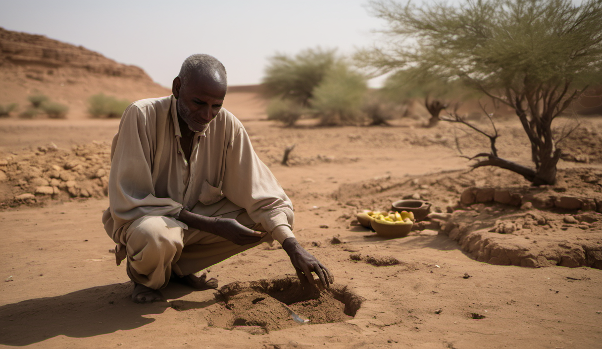 AI-generated image: A middle-aged man is kneeling on a sandy ground, making a small hole with his hand.
